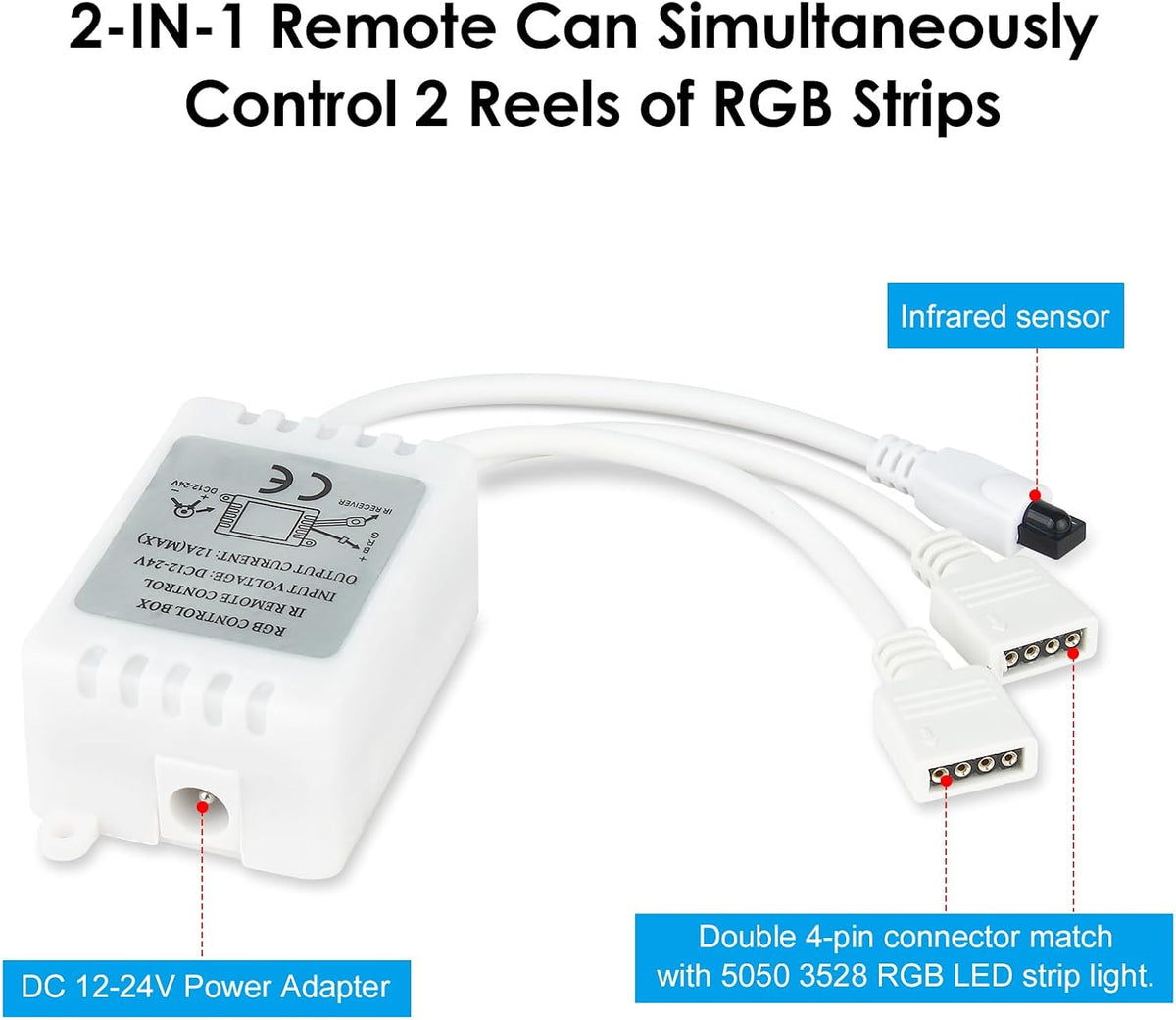 2-Port 4-Pin RGB LED Controller with 44-Key IR Remote — product image 3