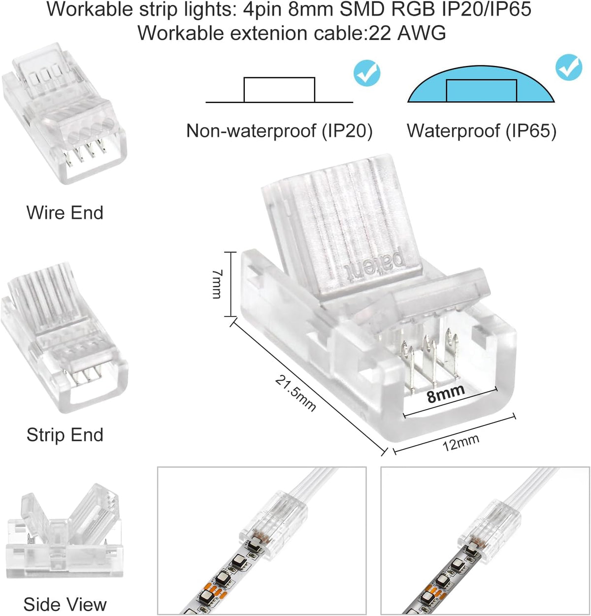 10-Pack 4-Pin 8mm RGB LED Strip-to-Wire Connectors — product image 2