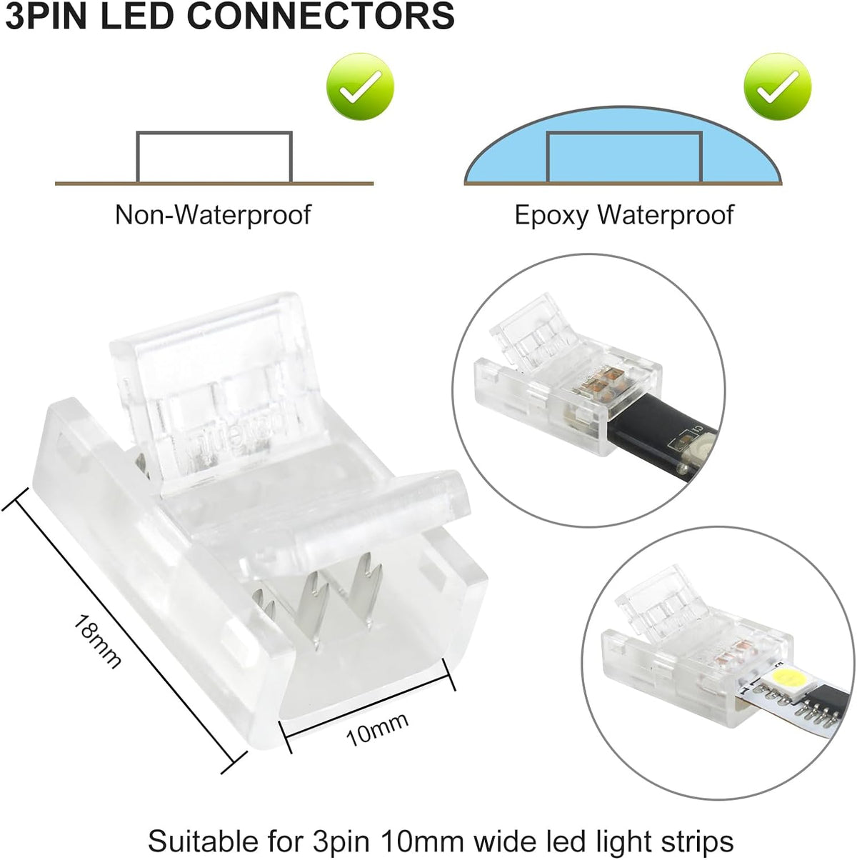 10-Pack 3-Pin 10mm Solderless Connectors for Addressable LED Strips — product image 2
