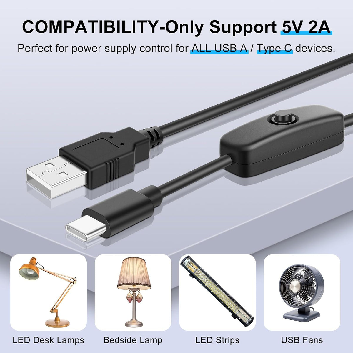 2-Pack 6.6FT USB-A to USB-C Power Cables with On/Off Switch — product image 5