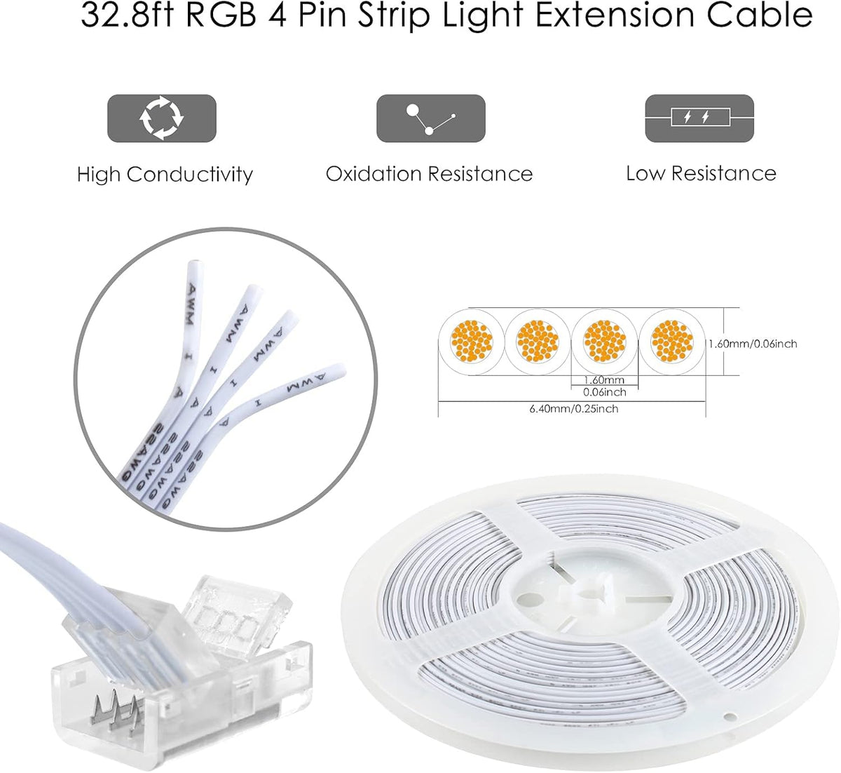 10-Pack 4-Pin 10mm RGB Strip Connectors with 32.8FT Cable — product image 5