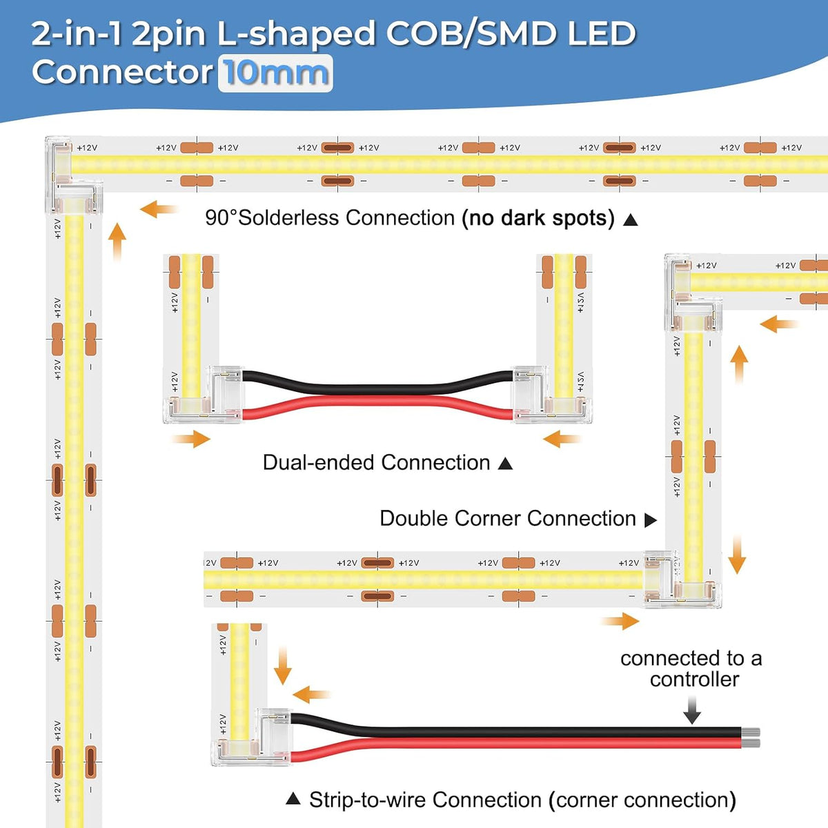 20-Pack 2-Pin 10mm L-Shaped Connectors for COB/SMD LED Strips — product image 6