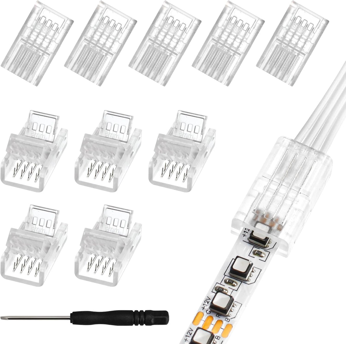 10-Pack 4-Pin 8mm RGB LED Strip-to-Wire Connectors — main image