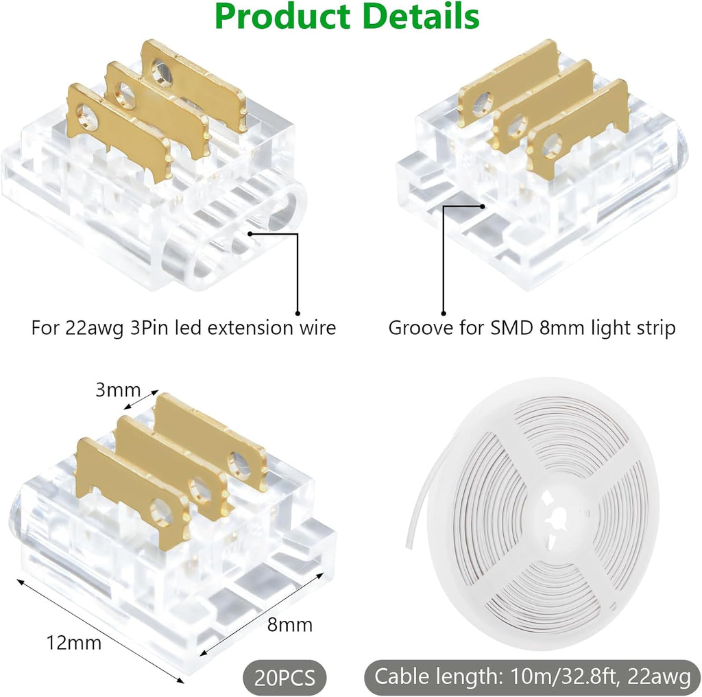20-Piece 3-Pin 8mm Connector Kit with 32.8FT Extension Wire — product image 3