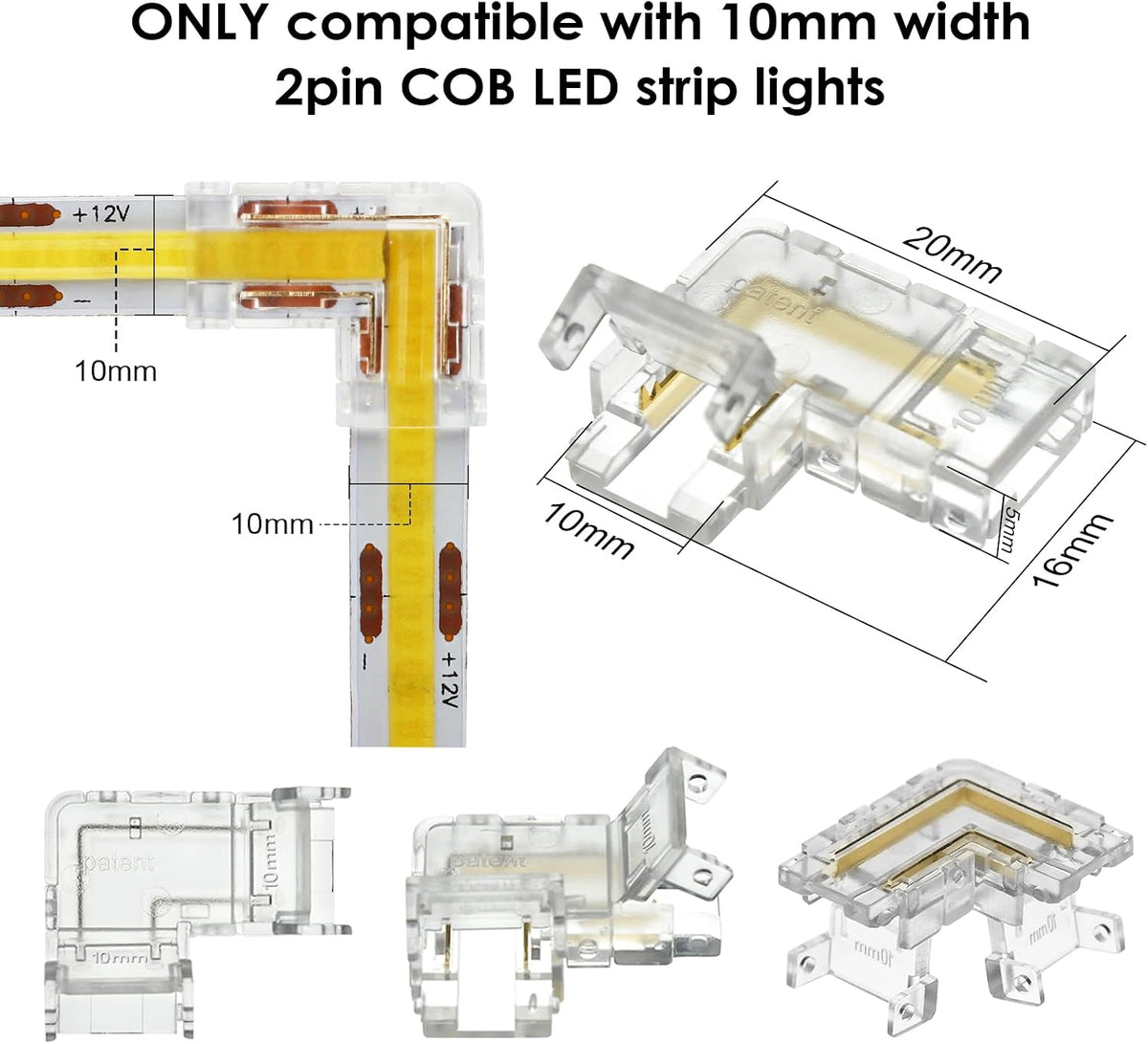 12-Pack 2-Pin 10mm L-Shaped COB LED Corner Connectors — product image 2