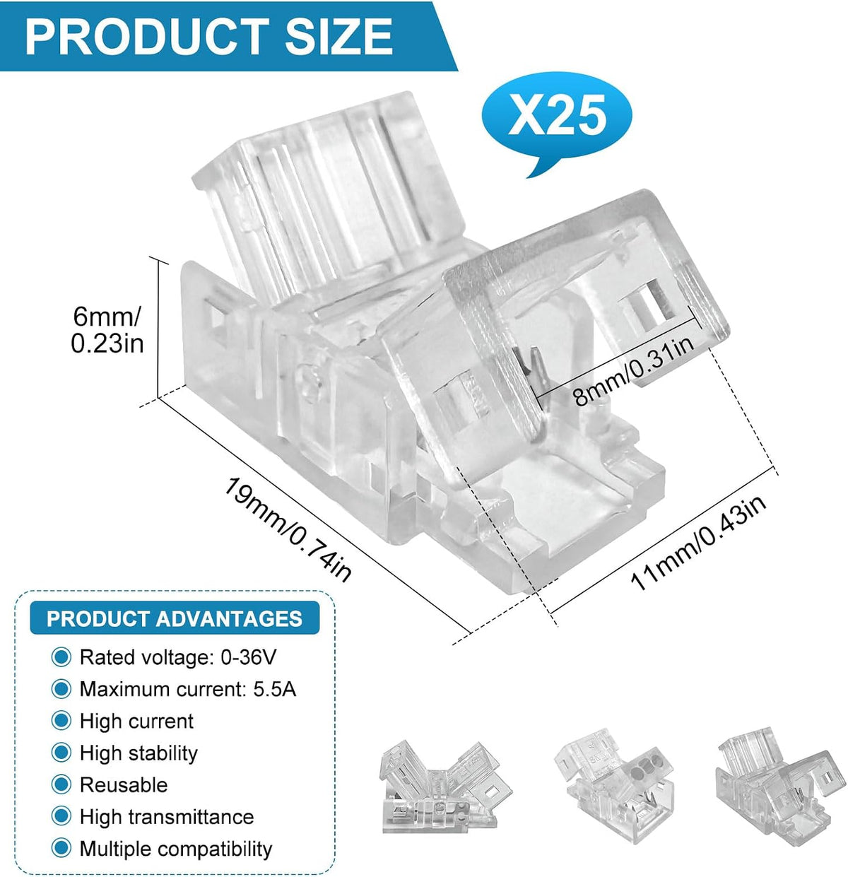 25-Pack 2-Pin 8mm Reusable Strip-to-Wire Connectors — product image 2