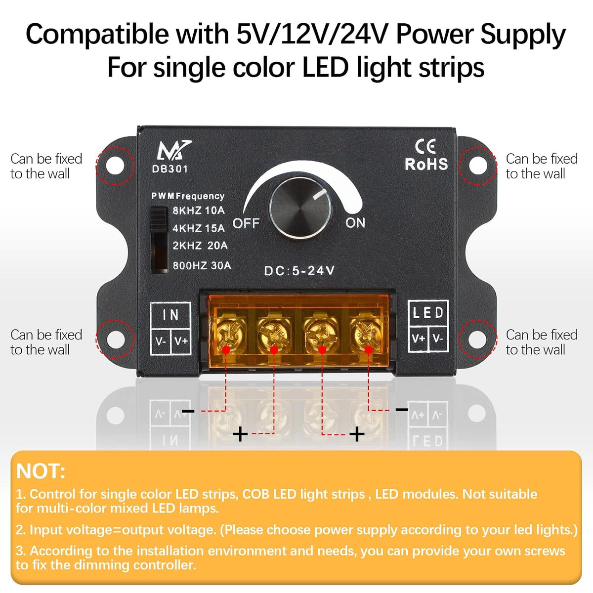 30A PWM Dimmer with Knob Control for Single-Color LED Strips — product image 3