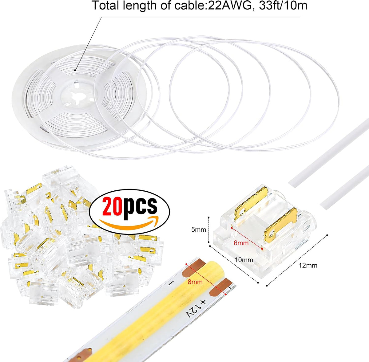 20-Piece 2-Pin 8mm Connector Kit with 32.8FT Extension Wire — product image 2
