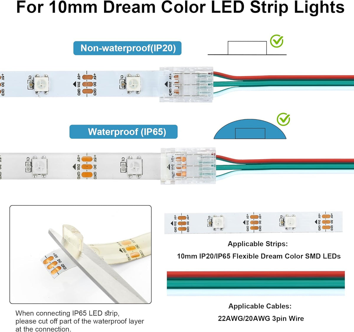 25-Pack 3-Pin 10mm Solderless Connectors for WS2811/WS2812B — product image 4