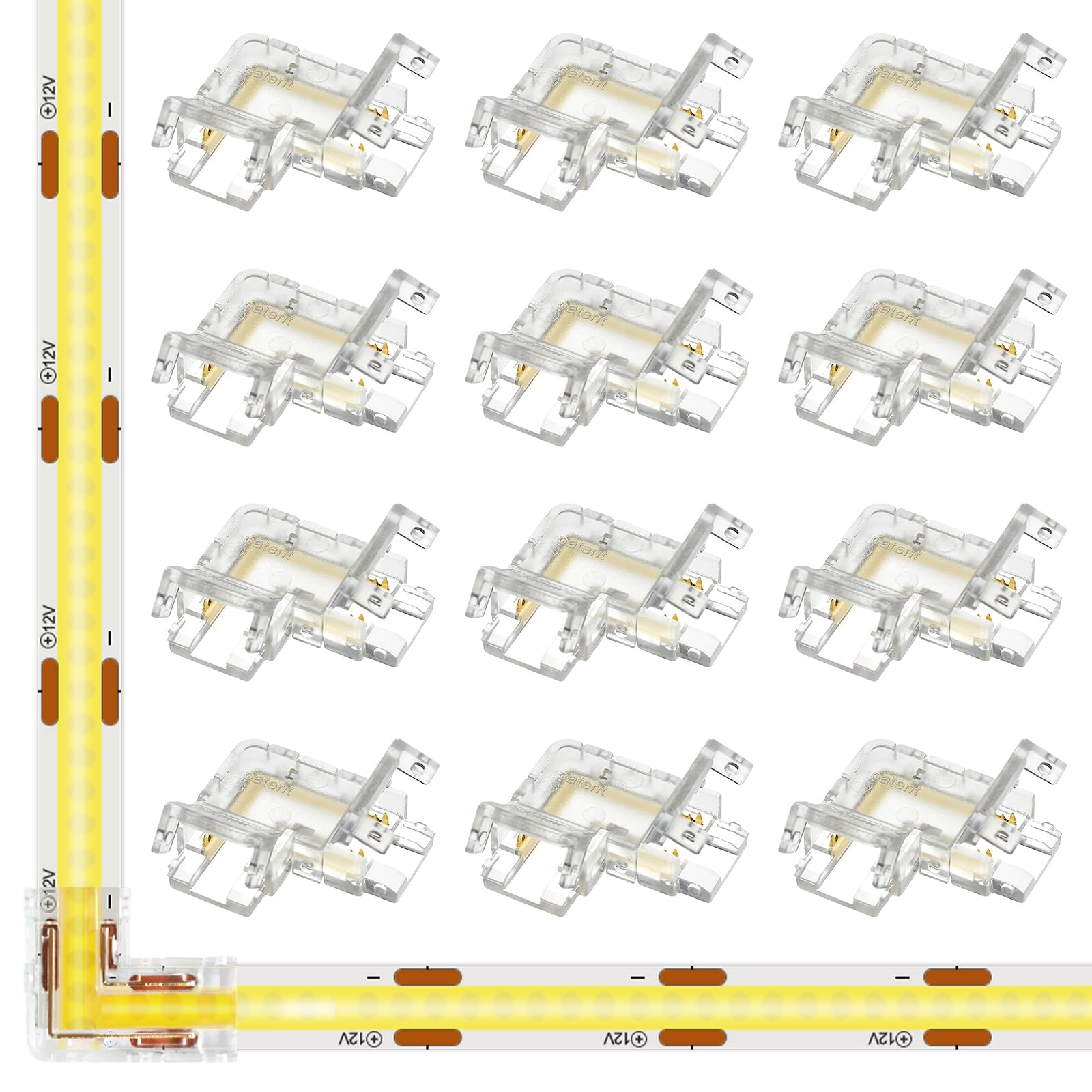 12-Pack 2-Pin 10mm L-Shaped COB LED Corner Connectors
