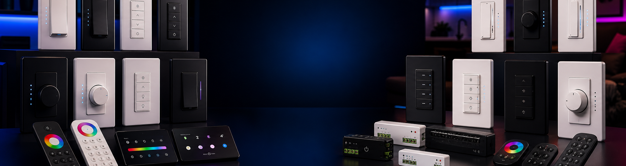 Colorful selection of US standard smart switches, dimmers and LED controllers